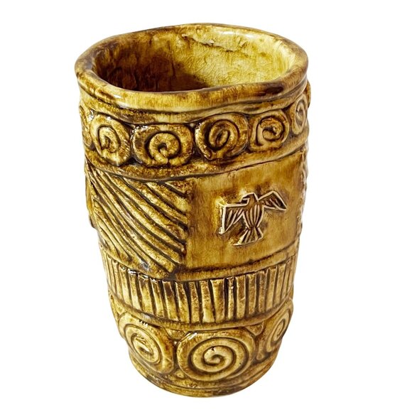 Vintage Unique Studio Art Pottery Vase Brown Glaze Fish Eagle Design Signed VLD - Picture 8 of 8